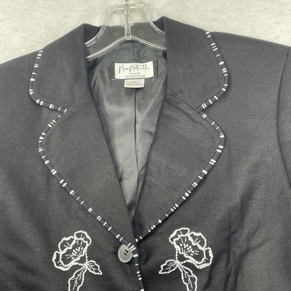 NEW Mary McFadden Black Linen Blend Womens Size 10 P Floral Embroidered Blazer - Picture 13 of 14
